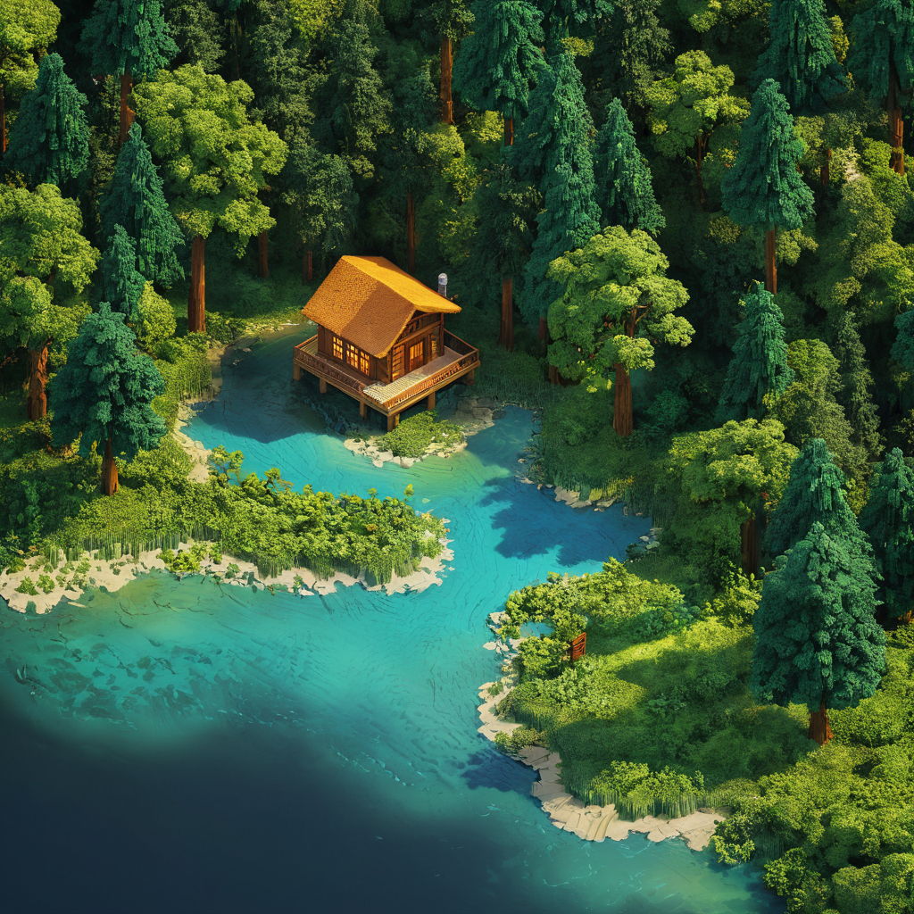 isometric style small cabin, forest, river, tilemapstyle, voxell, 3d \, (artwork\), scenery, <lora:TileMapStyle_v1:0.85> . vibrant, beautiful, crisp, detailed, ultra detailed, intricate