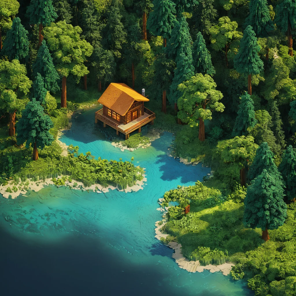 isometric style small cabin, forest, river, tilemapstyle, voxell, 3d \, (artwork\), scenery, <lora:TileMapStyle_v1:0.85> . vibrant, beautiful, crisp, detailed, ultra detailed, intricate