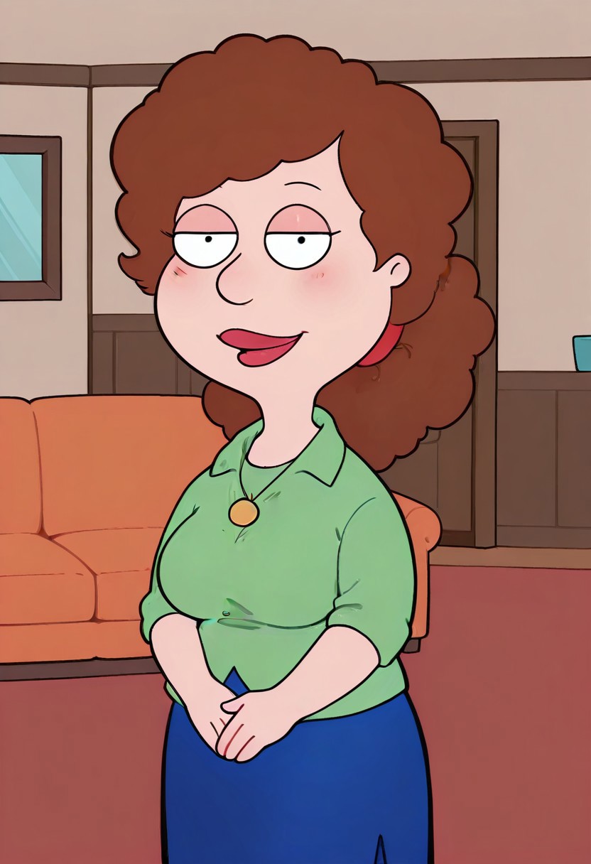 score_9, score_8_up, score_7_up, score_6_up, high quality, rounded eyes, style parody, cartoon style, 1girl, solo, living room, couch, indoors,
BREAK
unnamed girl, brown hair, black eyes, (mature female:1.5), (plump:1.2), large breasts, gigantic hips, green sweater, rolled up sleeves, blue skirt, stockings, own hand together, blush, smile, looking at viewer, long skirt, half-closed eyes, necklace,