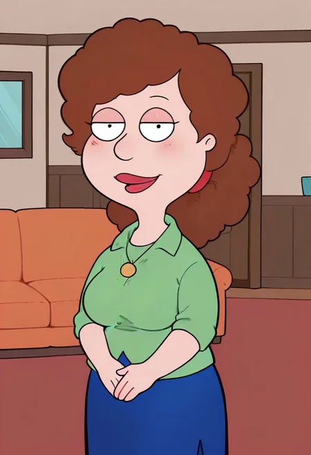 score_9, score_8_up, score_7_up, score_6_up, high quality, rounded eyes, style parody, cartoon style, 1girl, solo, living room, couch, indoors,
BREAK
unnamed girl, brown hair, black eyes, (mature female:1.5), (plump:1.2), large breasts, gigantic hips, green sweater, rolled up sleeves, blue skirt, stockings, own hand together, blush, smile, looking at viewer, long skirt, half-closed eyes, necklace,