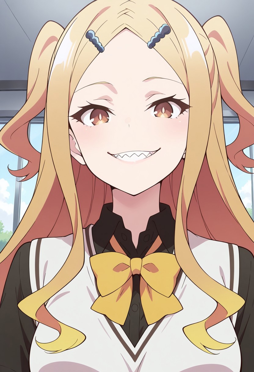 masterpiece, best quality, amazing quality, 1girl, solo, BREAK
ikarno,blonde hair,long hair, two side up, hair ornament, brown eyes,shark teeth,school uniform, black shirt,yellow bowtie,
BREAK ,multicolored background, upper body,portrait, smile