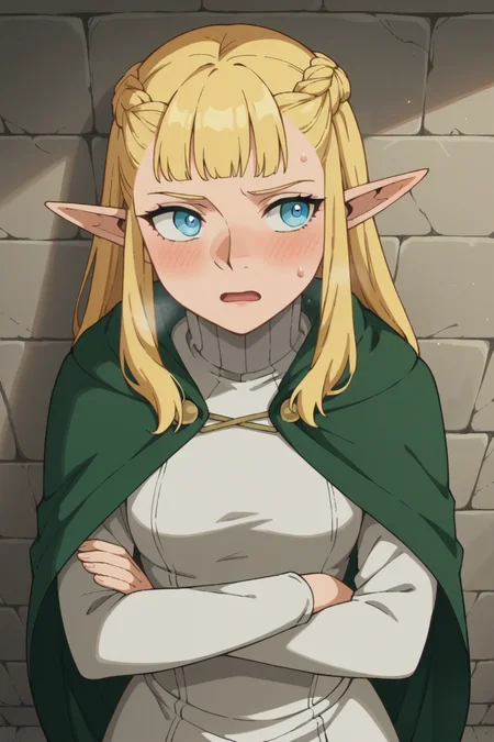 score_9, score_8_up, score_7_up, source_anime, 1girl, prefect lighting, very aesthetic, intricate details, highly detailed background, masterpiece, high quality, prefect hands, best quality, solo,
<lora:Pattadol_Dungeon_Meshi_V1:.75>, blonde hair, light blue eyes, pointy ears, pointy nose, braid, long hair,
green cape, white turtleneck dress, long sleeves,
POV, from above, crossed arms, embarrassed, against wall, heavy blush, open mouth, looking to the side, heavy breathing, kabedon, sweatdrop,
dungeon, stone wall, dark, dim lights,
(Beautiful, small Breasts:1.2), natural breasts,