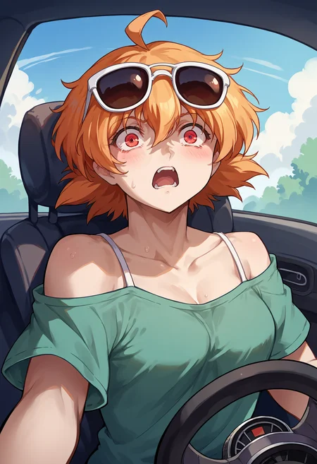 score_9, score_8_up,score_7_up, source_anime, rating_safe, 1girl, solo, <lora:EPhsSeras:1>,
orange hair, short hair, red eyes, hair between eyes,
SerVic, eyewear on head, sunglasses,
!, !!, ahoge, blush, green shirt, driving, looking at viewer, motion blur, open mouth, shirt, short sleeves, spaghetti strap, steering, steering wheel, surprised, sweat, upper body, screaming, panicking, wide-eyed