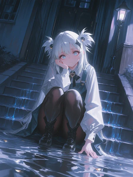 masterpiece, best quality, amazing quality, very aesthetic, absurdres, newest, dynamic angle, A melancholic young girl sits alone on the steps of a worn-down entrance, by rella, bathed in the soft glow of a lone streetlamp on a rainy evening.very sad, she has long and smooth eyelashes,The droplets of water glisten like tiny diamonds on her hair and clothes, as she gazes out into the darkness, lost in thought. <lora:ponyv4_noob1_2_adamW-000017:0.7000000000000001> <lora:USNR_STYLE_XL_lokr:1>