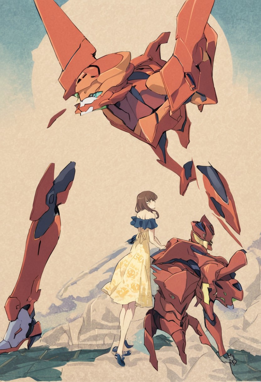 Masterpiece, best quality, Eva-02, mecha, neon genesis evangelion, science fiction, asuka langley soryu, long hair, bangs, blue eyes, brown hair, hair ornament, dress, yellow dress, sundress, collarbone, bare shoulders, ukiyo-e, mecha focus, robot, size difference,