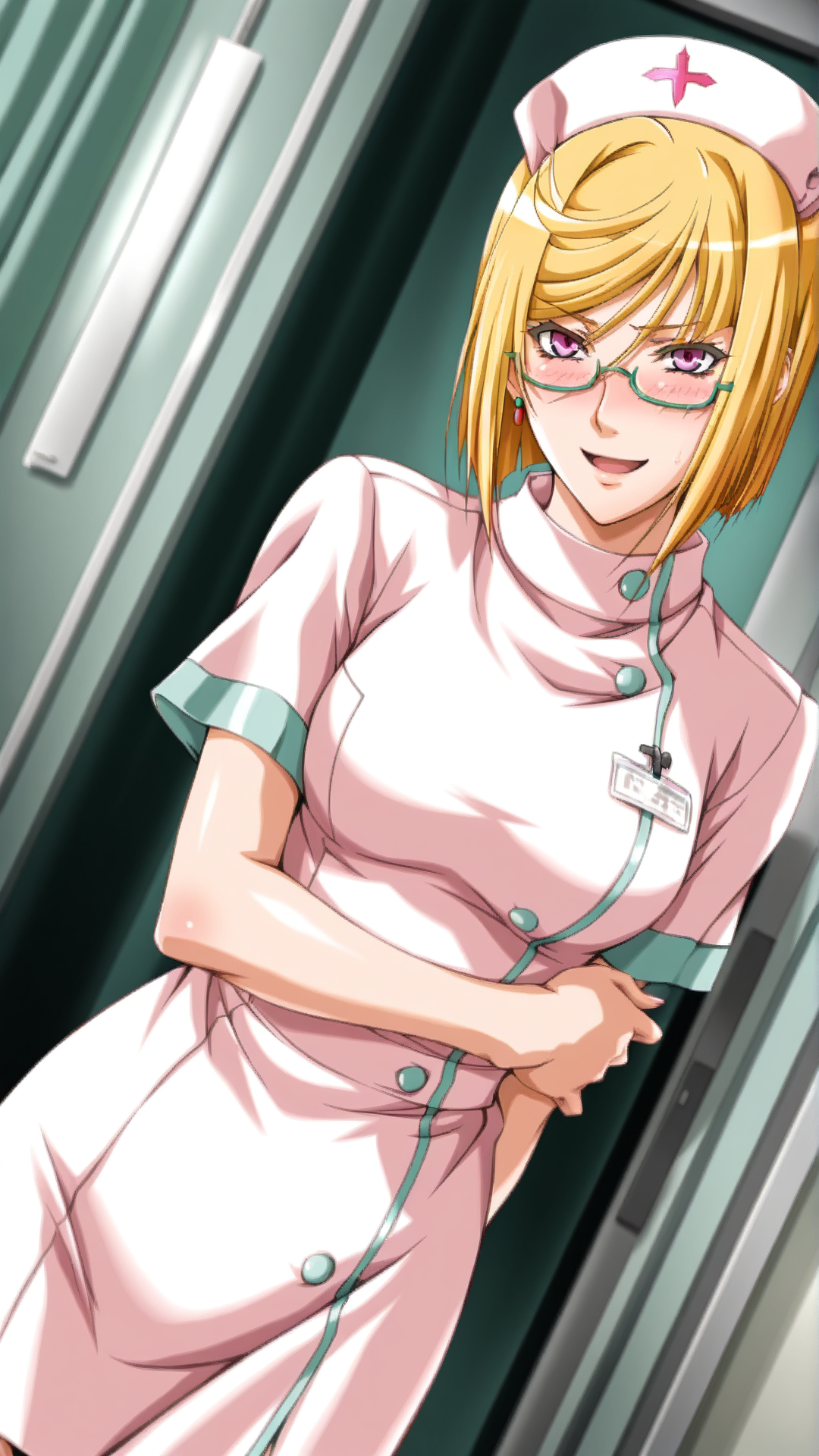 source_anime, general, best quality, masterpiece, 1girl,  <lora:Trya_ill_v1.0:1> trya\(srw\),blonde hair, purple eyes,bob cut,swept bangs, sidelocks,  jewelry, earrings,  green-framed eyewear, semi-rimless eyewear, nurse, happy, (embarrassed:0.7),  dynamic pose, dutch angle, cowboy shot,