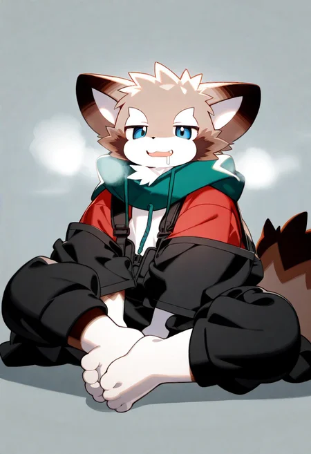 kuchiba (zuppu11), zuppu11, xi410_type1, xi410_type2, xi410_type3, 748cm, alens, nyalia, kyomu, youlichu, memento mori, 1boy, solo, furry, cute, kemono, masterpiece, best quality, very awa, very aesthetic, absurdres, general, full body, drooling, steamy breath, sitting on ground, looking at viewer