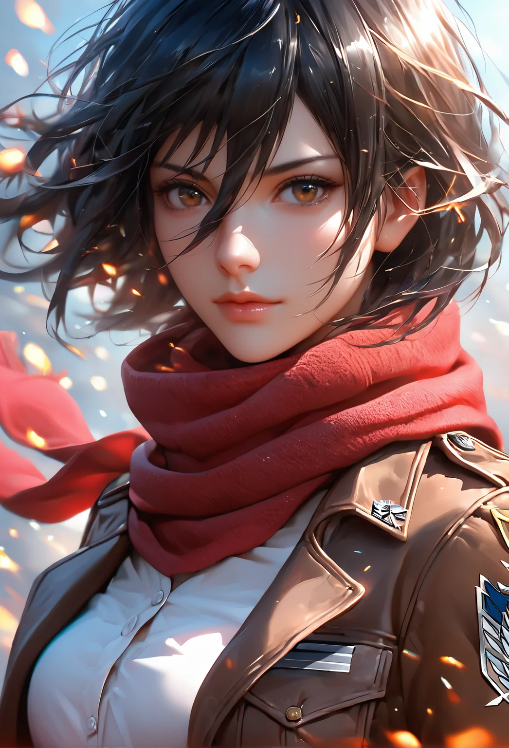 score_9, score_8_up, score_7_up, i want the whole image to be created in 3D anime style, 1girl, solo, looking at viewer, short hair, bangs, shirt, black hair, hair between eyes, brown eyes, closed mouth, jacket, white shirt, upper body, artist name, scarf, open jacket, lips, wind, portrait, red scarf, brown jacket, nose, emblem, paradis military uniform, embers, survey corps (emblem), mikasa ackerman