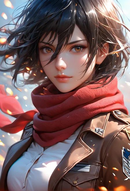 score_9, score_8_up, score_7_up, i want the whole image to be created in 3D anime style, 1girl, solo, looking at viewer, short hair, bangs, shirt, black hair, hair between eyes, brown eyes, closed mouth, jacket, white shirt, upper body, artist name, scarf, open jacket, lips, wind, portrait, red scarf, brown jacket, nose, emblem, paradis military uniform, embers, survey corps (emblem), mikasa ackerman