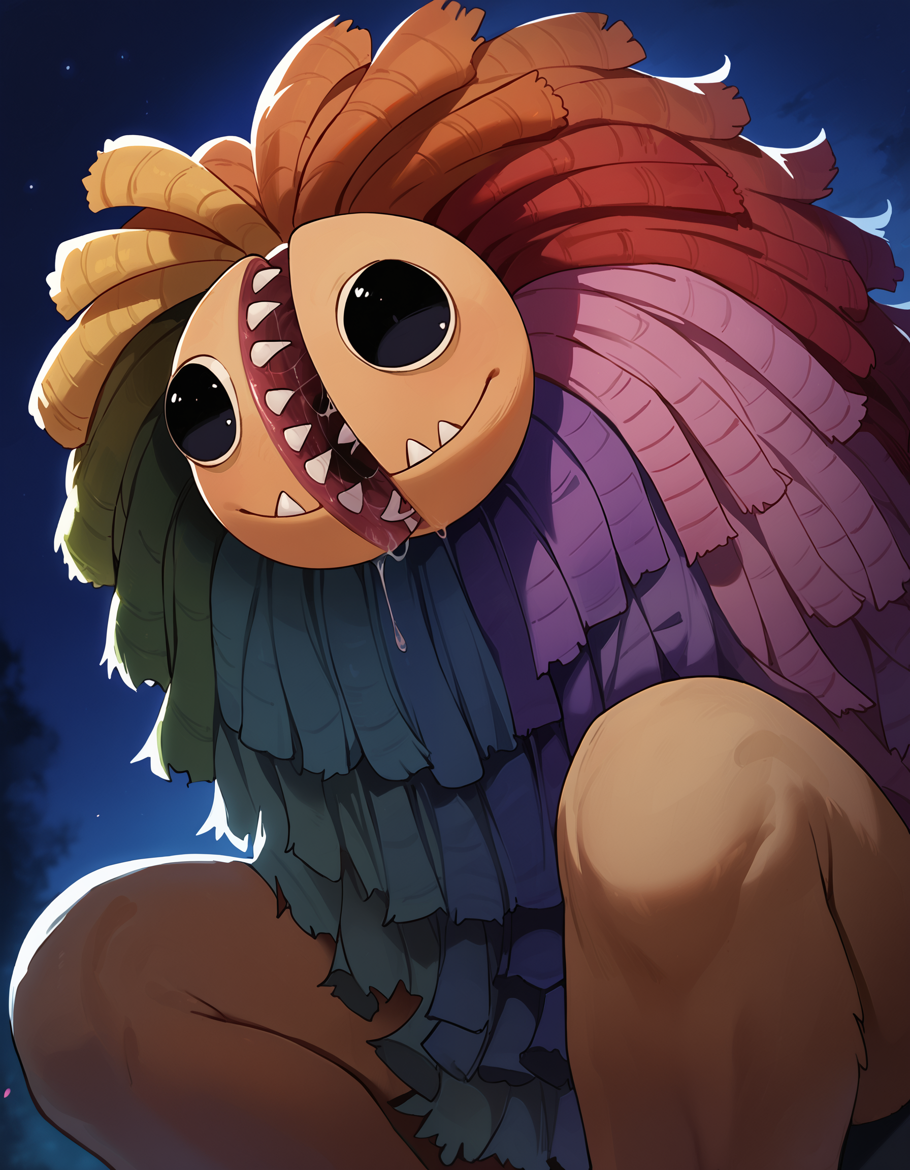 score_9, score_8_up, score_7_up, source_furry, high quality, hires, furry, anthro, adult, <lora:addetailv3_by_n0utis_pony.safetensors:1.0>, dutch angle, feral, huge feral, male, solo, adult, yarnaby, poppy_playtime, no humans, black eyes, fangs, horror (theme), (no ears:1.15), no nose, saliva, huge mane, open mouth,  <lora:Yarnaby_Poppy_Playtime_Pony:1.0>,  side view, three-quarter portrait, looking away, hands on legs, victory pose