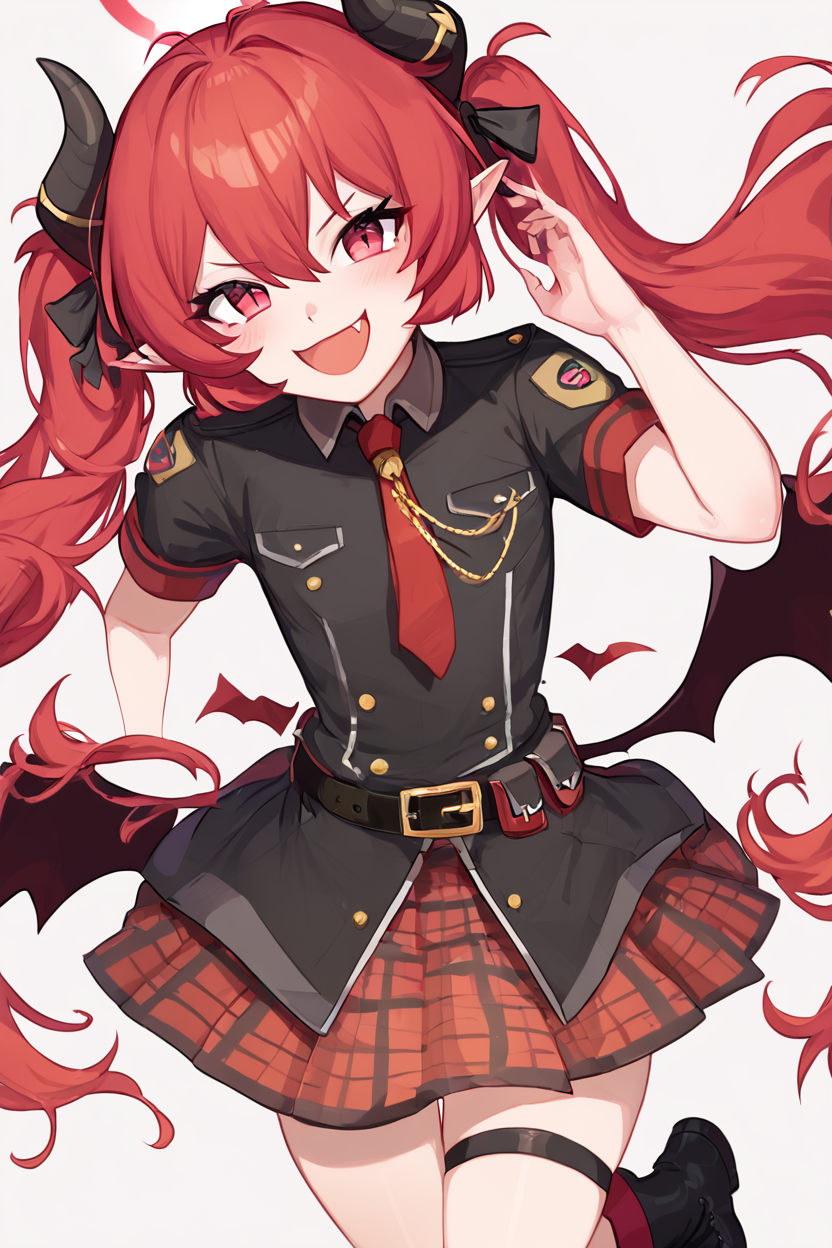 score_9, score_8_up, score_8, medium breasts, (curvy), cute, eyelashes,       BREAK, , ,,, zzJunko, red eyes, red hair,  red halo, horns, long hair, twintails, halo, demon horns, pointy ears, wings, hair between eyes, demon wings, very long hair, black horns, low wings,  ribbon black shirt, pleated skirt, red skirt, short sleeves, plaid skirt, red necktie, thigh strap, belt, fang, black footwear, boots, <lora:Junko_BlueArchive_PDXL:0.8>,   ,,,, BREAK, <lora:Afrobull_PDXL_v5:0.8>,  ,,, BREAK, smile, looking at viewer, closed mouth, cowboy shot,  ,,, embedding:zPDXL, Expressiveh, ,,, <lora:SDXLFaeTastic2400:0.5>, <lora:Expressive_H-000001:0.4>,