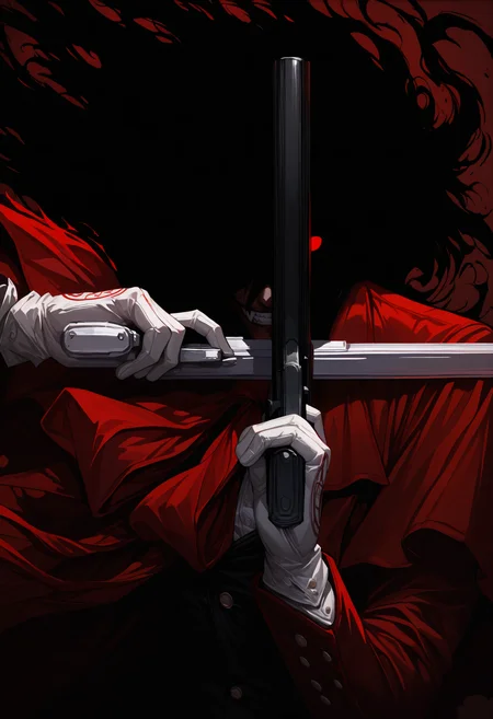 masterpiece, best quality, newest, simple background, 1boy, solo, <lora:Alucard Inverted Cross Pose:1> dual wielding, holding gun, handgun, crossed weapons, cross, close-up, looking at viewer,
alucard \(hellsing\), black hair, long hair, red eyes, fang, red coat, long coat, long sleeves, red ascot, dress shirt, white shirt, buttons, white gloves, evil grin, clenched teeth, glowing eyes, floating hair, floating clothes,