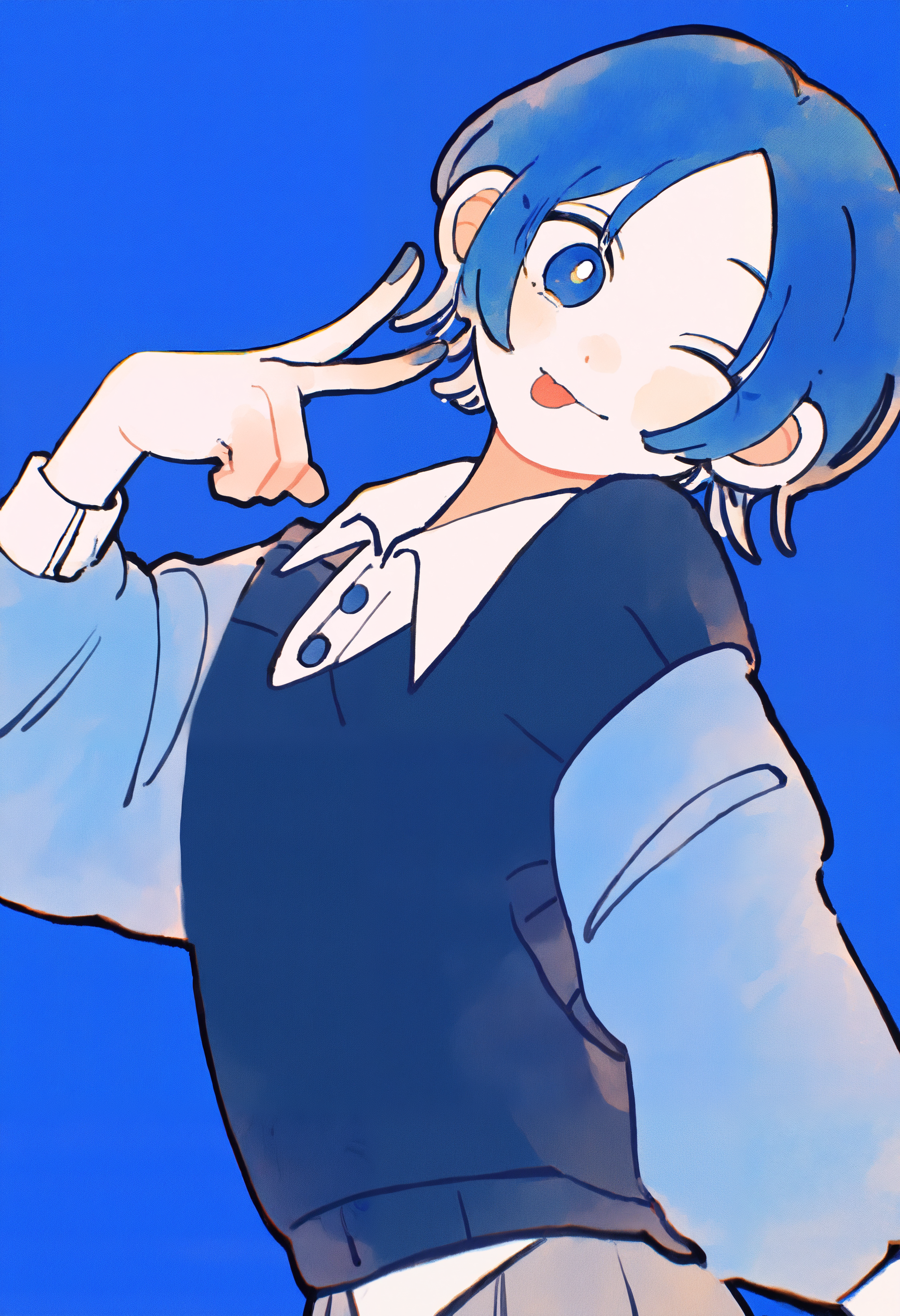 masterpiece, absurdres, newest, very awa, chromatic aberration,   1girl, solo, short hair, blue hair, parted bangs, blue sweater vest, dress shirt, blue pupils, wink, :p, head tilt, blue background, side view, looking at viewer,  <lora:spo_sdxl_10ep_4k-data_lora_webui>,  <lora:TA_trained:0.35>,  <lora:NOOB_EPSv1_1_detailer_by_vlnvk_v0_5>,  <lora:omoguuu:0.8>,