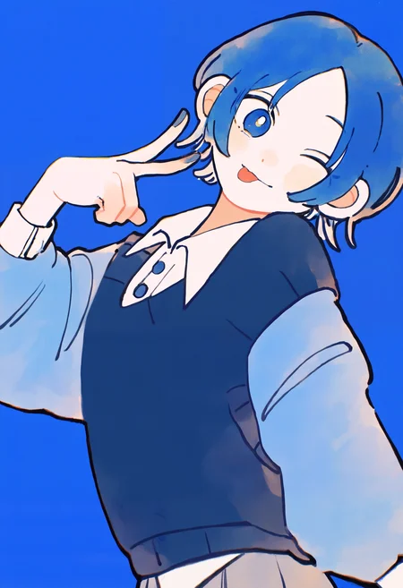 masterpiece, absurdres, newest, very awa, chromatic aberration, 1girl, solo, short hair, blue hair, parted bangs, blue sweater vest, dress shirt, blue pupils, wink, :p, head tilt, blue background, side view, looking at viewer, <lora:spo_sdxl_10ep_4k-data_lora_webui>, <lora:TA_trained:0.35>, <lora:NOOB_EPSv1_1_detailer_by_vlnvk_v0_5>, <lora:omoguuu:0.8>,