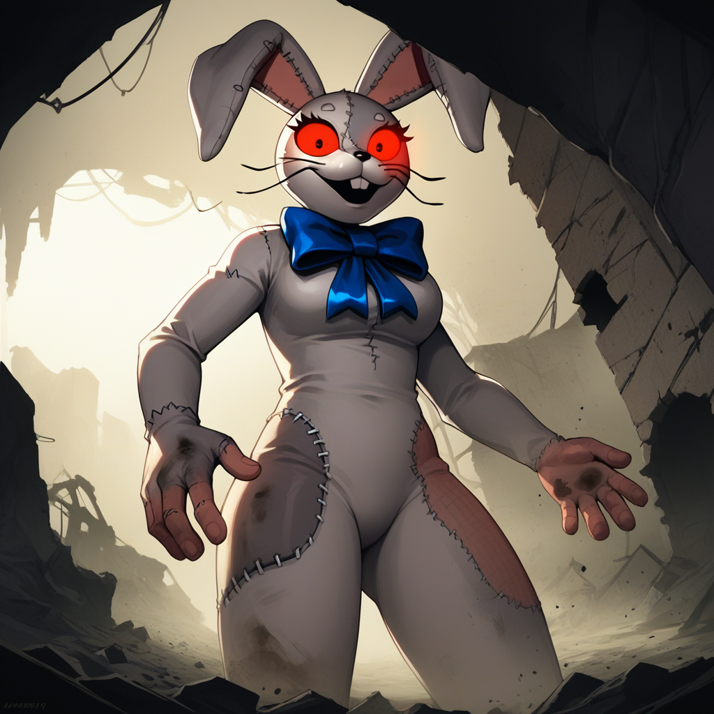 score_9,score_8_up,score_7_up,score_6_up,source_anime,rating_questionable, 1girl,solo, cowboy shot,cave, underground, below ground, burnt building, ruins, underground, scrapyard, junkyard, oil stains, black stains, digging with hands, <lora:Vanny_-_FNAF:0.8> vanny_fnaf, rabbit costume, red eyes, furry, stitches, blue bow, zPDXL2,