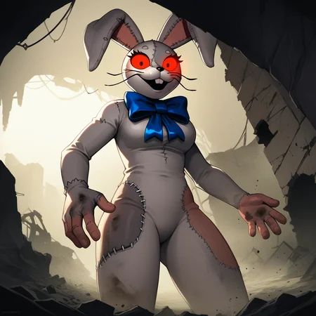 score_9,score_8_up,score_7_up,score_6_up,source_anime,rating_questionable, 1girl,solo, cowboy shot,cave, underground, below ground, burnt building, ruins, underground, scrapyard, junkyard, oil stains, black stains, digging with hands, <lora:Vanny_-_FNAF:0.8> vanny_fnaf, rabbit costume, red eyes, furry, stitches, blue bow, zPDXL2,