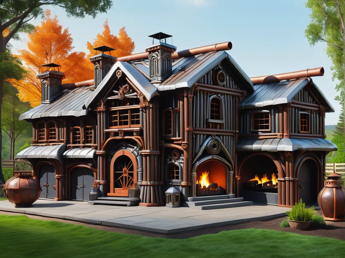 hyper detailed masterpiece, dynamic, awesome quality,DonMCr0wB4rXL warehouses, fiberglass, outdoor fireplace, gas lanterns (outdoor) <lora:DonMCr0wB4rXL-000008:1>