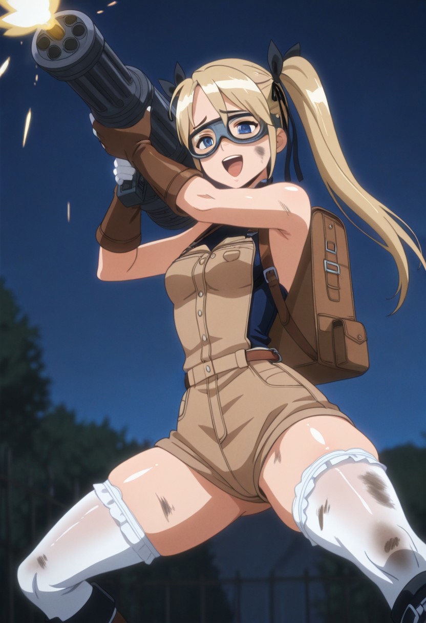 anime screencap, masterpiece, expressiveh, anime coloring, 
score_9, score_8_up, score_7_up, score_6_up,
1girl, solo, blue eyes, tiny breasts, shiny skin, narrow waist, thick thighs, wide hips, perfect body, fit body, cute face, cute eyes,( marie_rose_incise_soul:1.5)
blonde hair, twintails, long hair,
(brown overall shorts:1.5), white thigh high stockings, brown boots, brown leather gloves, goggles over her eyes, black crop top, toolbelt, artificer, magic backpack
smiling, looking off screen, laughing,
face smeared with grease, dirty face, 
dynamic pose, action pose, carrying a massive gatling gun with both hands, firing gating gun, muzzle flash, rapid-fire, viewed from below, 
skindentation, fantasy background, outdoors,
<lora:Expressive_H:1>