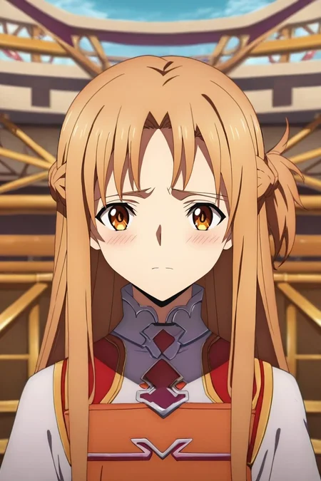 zPDXL, score_9, score_8_up, score_7_up, source_anime, anime screencap, rating_safe, intricate details, looking at viewer, depth of field, 1girl, asuna \(sao\), sword art online, brown hair, brown eyes, solo, close-up, amusement park, carousel, ferris wheel, light, villain pose, shy, blush, <lora:fate_go_style_pony:1.06>, fate_go_style, , <lora:sdxl_lightning_8step_lora:1>