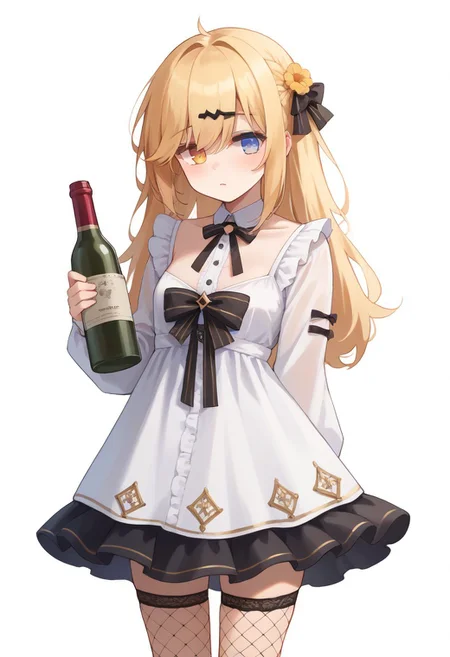 score_9, score_8_up, score_7_up, source_anime, BREAK
standing, blonde hair, heterochromia, blue eyes, yellow eyes, bottle, thighhighs, wine bottle, fishnets, dress, flower, bow, white background, drinking glass, fishnet thighhighs, simple background, black bow, mg36dress