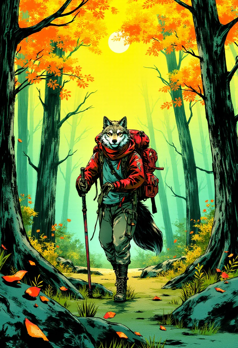 <lora:Yoji_Shinkawa_Style_FLUX-000012:0.8>
This image is a stylized digital illustration with a gritty yshinkawa cyberpunk anime aesthetic, showcasing  A wolf hiking in a vibrant forest with a backpack and a walking stick.