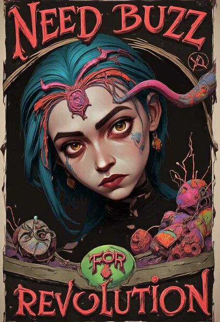 A byzantine style anarchist propaganda poster saying "need buzz" at the top and "for revolution" at the lower part of the image. The poster shows a pale jinx person with geometrical face paint and special neon hair. bo-abyss w3p0rtra1t