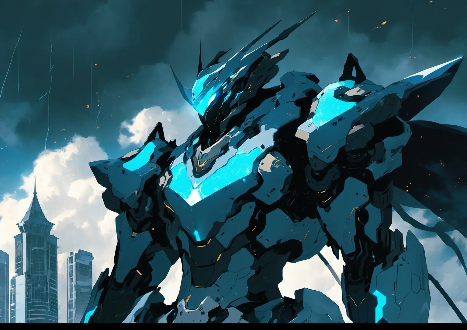 , sky, cloud, holding_weapon, no_humans, glowing, , robot, building, glowing_eyes, mecha, science_fiction, city, realistic,mecha, <lora:[XL]knighthood:1>