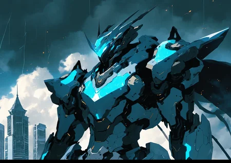 , sky, cloud, holding_weapon, no_humans, glowing, , robot, building, glowing_eyes, mecha, science_fiction, city, realistic,mecha, <lora:[XL]knighthood:1>