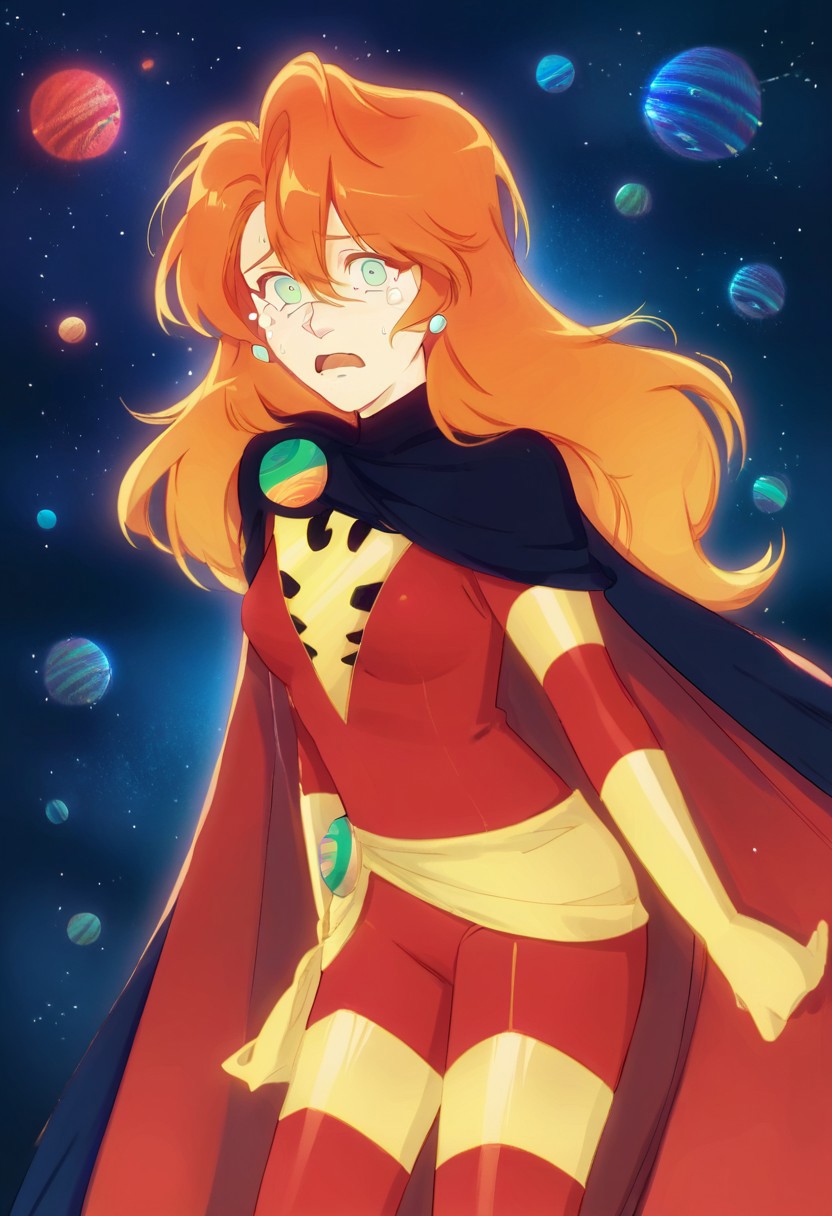 score_9, score_8, score_7, source_anime, tldrjeangrey, crying, looking at viewer, hair between eyes, planet, earth (planet), scared, red bodysuit, medium breasts, cape, thighhighs