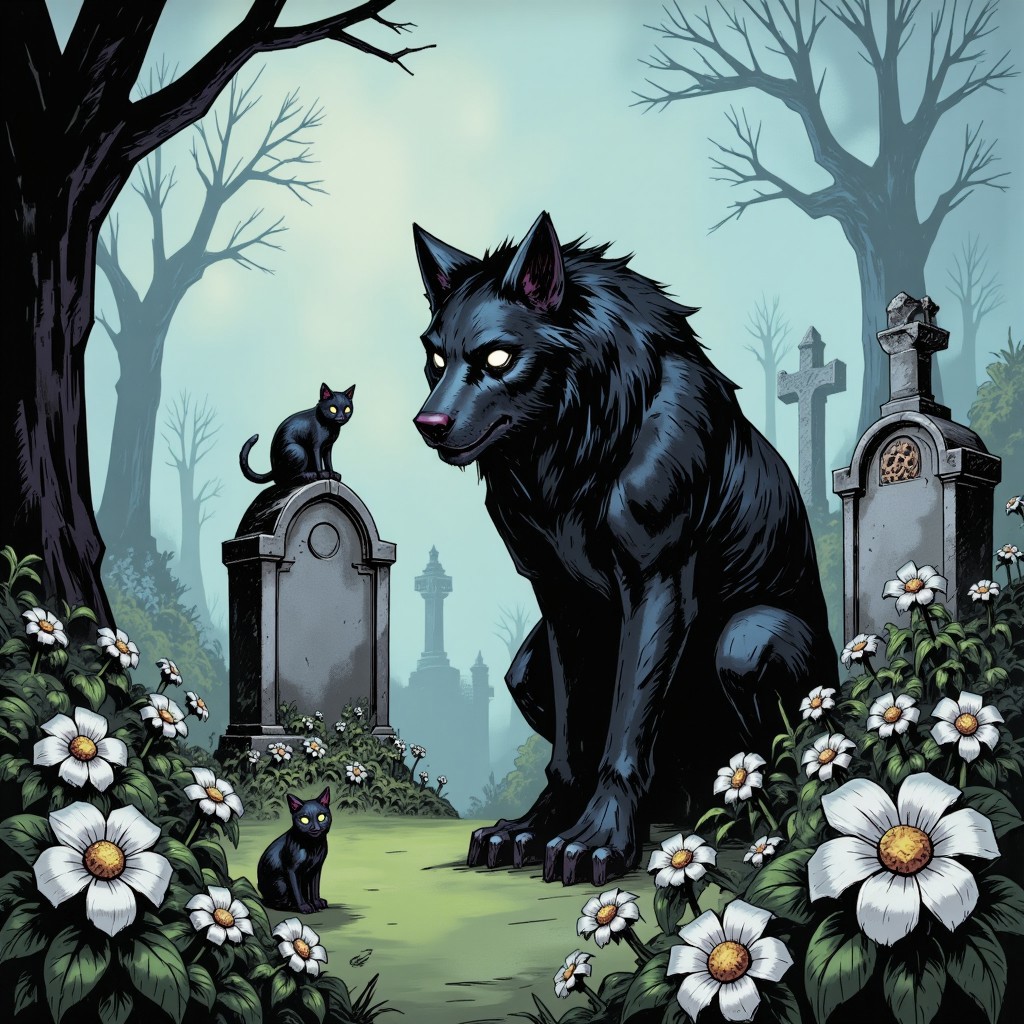 inked comic illustration in TTCSV1.0 artstyle that features fog covered graveyard, graveyard is full of white flowers that raise above fog level on the graveyard there is black wolf, he sits in the picture center but is not occupaing a lot of spcae in it. The wolf has big, glowing, empty eyes and he is starind intro viewers direction. The wolf is creature made of dark smoke, covered in black smoke cloth that makes high cotrast with white fog and flowers that coveres majority of the graveyard area, the wolf is far from the center of picture taking a fraction of it. The wolf is surrounded by multiple, small black cats, the cats are sitting on graves and just like the wolf have big white empty eyes and are staring intro viewers direction. He sits next to one of the graves and stares intro viewer direction, the wolf is zoomedd out to take the fration of picture, not being it's centerpiece, the main focus of picture is graveyard area itself.