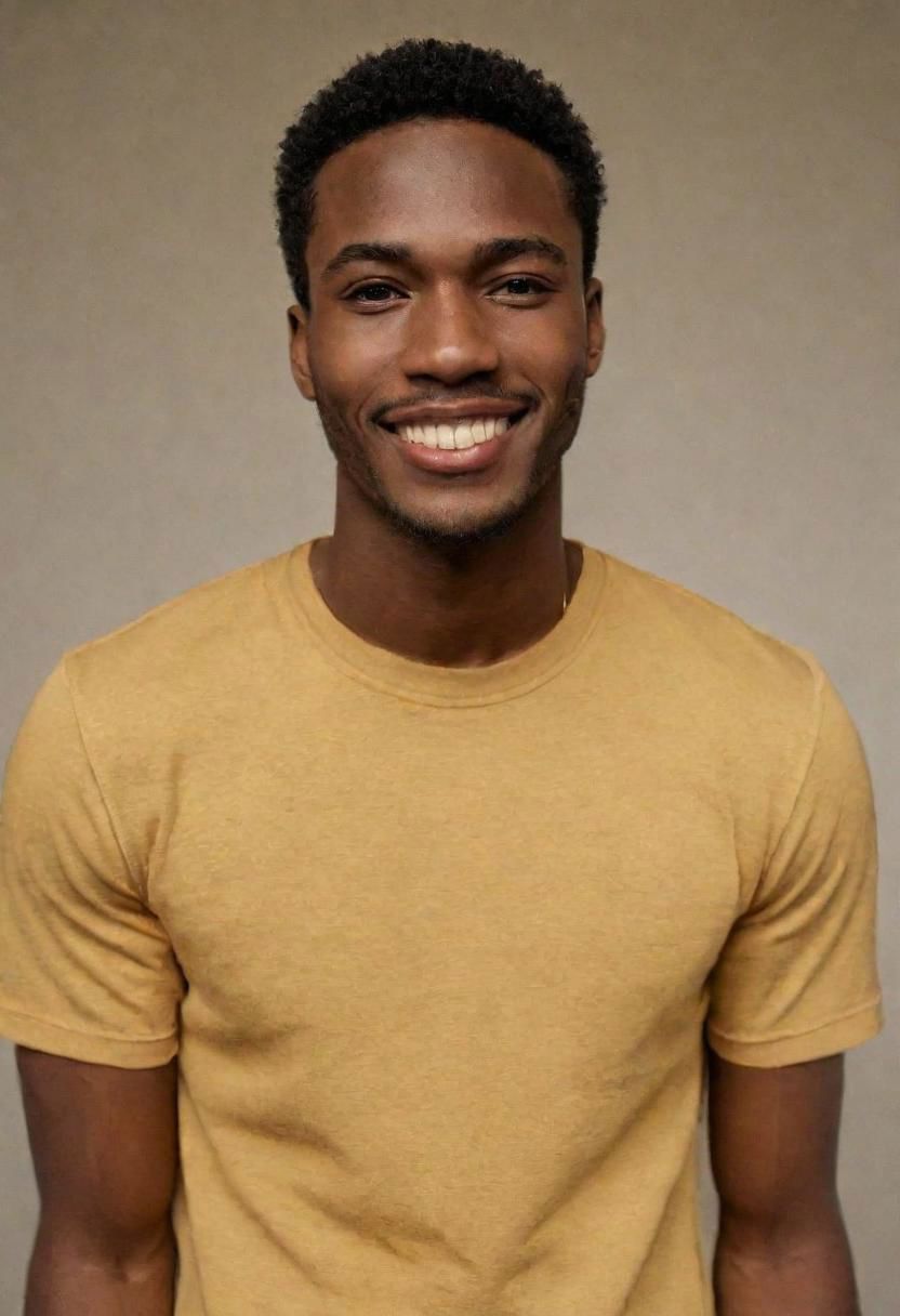 Create a detailed, ultra-realistic photo portrait of a smiling 25-year-old African man (gold shirt, high-waisted dress), 24mm, (analog, film, Film Grain: 1.3), (prison: 1.1), detailed eyes (seductive pose ), (epic photo), upper body (looking at viewer), (perfect lips),