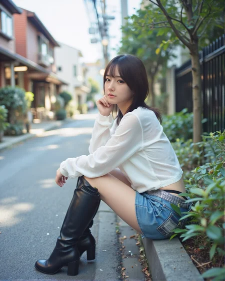 This is a vintage-styled photograph capturing a <lora:ts_f1d_nepheline20250328-000012:0.80> Japanese girl sitting on a concrete ledge in an urban setting. She is wearing a sheer, long-sleeve white cropped blouse that is slightly see-through and a pair of blue denim skirt that accentuate her legs. Her skirt is low, revealing a black pslip thong with silver trim. She is wearing <lora:Thigh_high_boots-_Flux:0.8> long black thigh high boots and a black tank top or bra is visible through the sheer blouse. The woman is positioned slightly off-center to the right, with her legs crossed at the knee and her right arm resting on her thigh, while her left hand supports her chin as she gazes directly at the camera with a neutral expression. Her outfit is casual yet stylish, with a mix of feminine and edgy elements. The background reveals a narrow, paved alleyway with a mix of residential and commercial buildings, including a house with a red facade on the left side and a black metal fence on the right. Various green plants and trees line the alley, adding a touch of nature to the urban environment. The photo has very coarse film grain, large bokeh, and a narrow depth of field. <lora:girl_light_flux_lora:0.8> <lora:Toy_Camera_Flux:0.5> <lora:ts_f1d_pslip_20250330_3200:0.75>