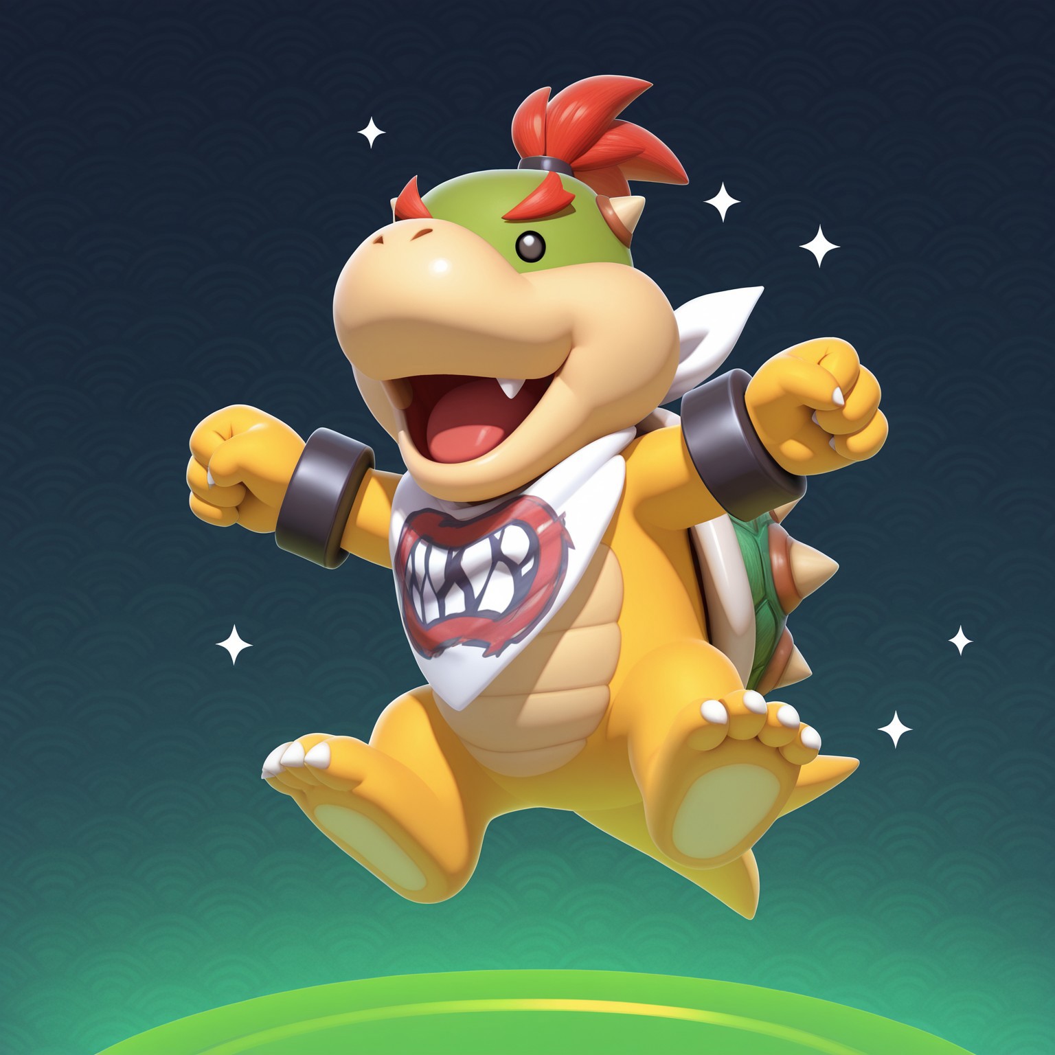 1boy, 2d, solo, Bowserjr, male, ponytail, red hair, no sclera, dot eyes, red eyebrows, black pupils, shelled, green spiked shell, small tail, neckerchief, black bracelets, scalie, yellow skin, green head, claws, toe claws, 3 toes, small horns, 

BREAK jumping, hands in the air, open mouth smile, ecstatic, bar emanata, sparkles, abstract background, cheering

BREAK best quality, amazing quality, very aesthetic, absurdres, newest, masterpiece 