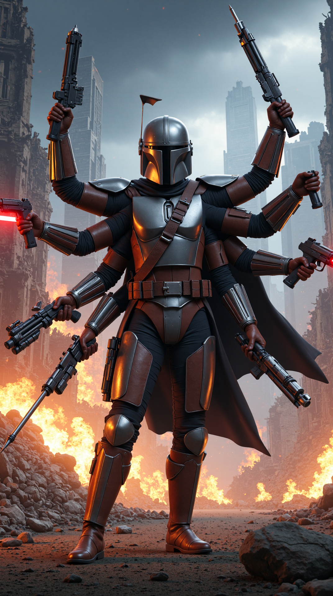 A Mandalorian warrior, Bo-Katan Kryze, with manymany arms, each arm wearing a unique and intricately designed Mandalorian armor gauntlet. In each of her manymany arms, she wields a different weapon, such as a Darksaber, a blaster, a bow, and a staff, all at the ready. One arm is holding the hilt of the Darksaber, while another arm is cocking the blaster, and a third arm is drawing back the bowstring. Her manymany arms are posed in a dynamic and powerful stance, with some arms crossed, and others stretched out to the sides, as if embracing the battle to come. The manymany arms are a blur of motion, with some arms swinging weapons, and others dodging and parrying incoming attacks. The armor on each arm is slightly different, with varying levels of damage and wear, telling the story of countless battles fought and won. Her face is set in a fierce determination, with her helmet tilted back, revealing her piercing eyes. 
The scene is set in a gritty, war-torn cityscape, with ruined buildings and rubble-filled streets, and a dark, ominous sky filled with smoke and flames. The camera is positioned low to the ground, looking up at Bo-Katan, with her manymany arms and weapons at the center of the frame, creating a sense of awe and intimidation. The lighting is dramatic, with flashes of lightning illuminating the dark sky, and the glow of blaster fire casting a warm, orange glow over the scene. In the background, the ruins of a once-great city can be seen, with crumbling skyscrapers and overturned speeders, adding to the sense of chaos and destruction.
The image is photorealistic and has cinematic vibes. Beautiful atmospheric lighting. Professional photography. <lora:ManyMany-000010:0.7>