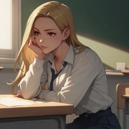 <lora:SlimesRumi:1>, score_9, score_8_up, score_7_up, slimes_rumi, woman, solo, classroom background
