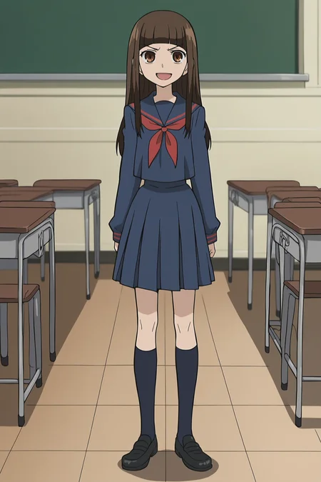 score_9, score_8_up, score_7_up, source_anime, anime screenshot,
in a classroom,
<lora:Haruhi_Fujioka_r1:.8>1girl, solo, brown hair, brown eyes, Haruhi blue and red school uniform with long hair outfit, long hair, school uniform, serafuku, blunt bangs, pleated skirt, kneehighs, black shoes, full body shot,
girl directly facing the viewer, girl looking at the viewer, devious smile, mouth open, grinning girl, amused face,
<lora:Pony_DetailV2.0:3>