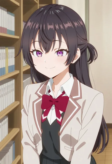masterpiece,best quality,amazing quality,
yuki suou, long hair, black hair, purple eyes, 1girl, solo, school uniform, smile, bookshelf, bow, red bow, jacket, shirt, bowtie, indoors, collared shirt, anime coloring
