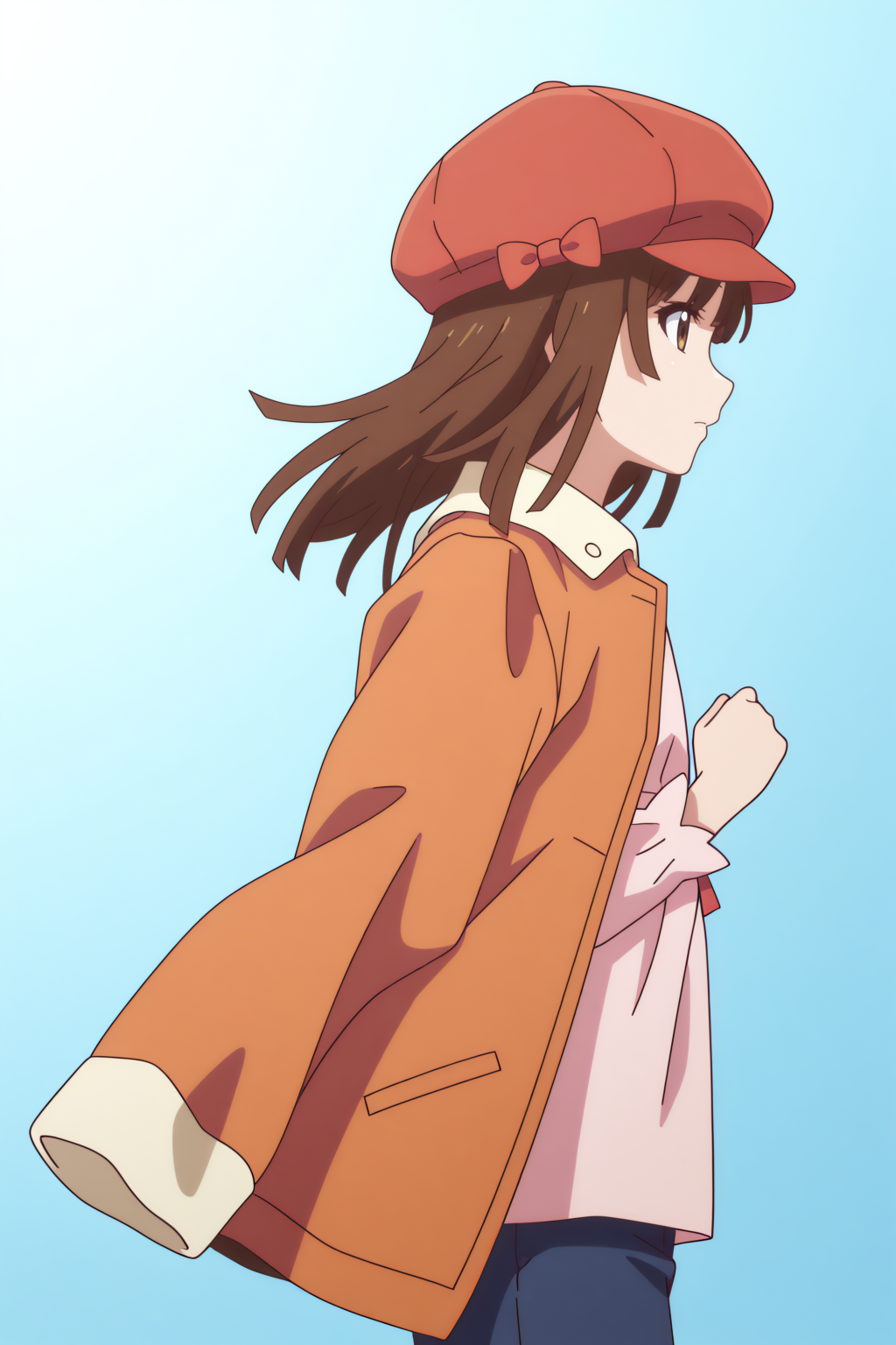 newest, upper body, OtoNadeko, cabbie hat, jacket on shoulders, blue pants <lora:Monogatari_Series_-_Otonadeko_-_illustrious:0.8>
