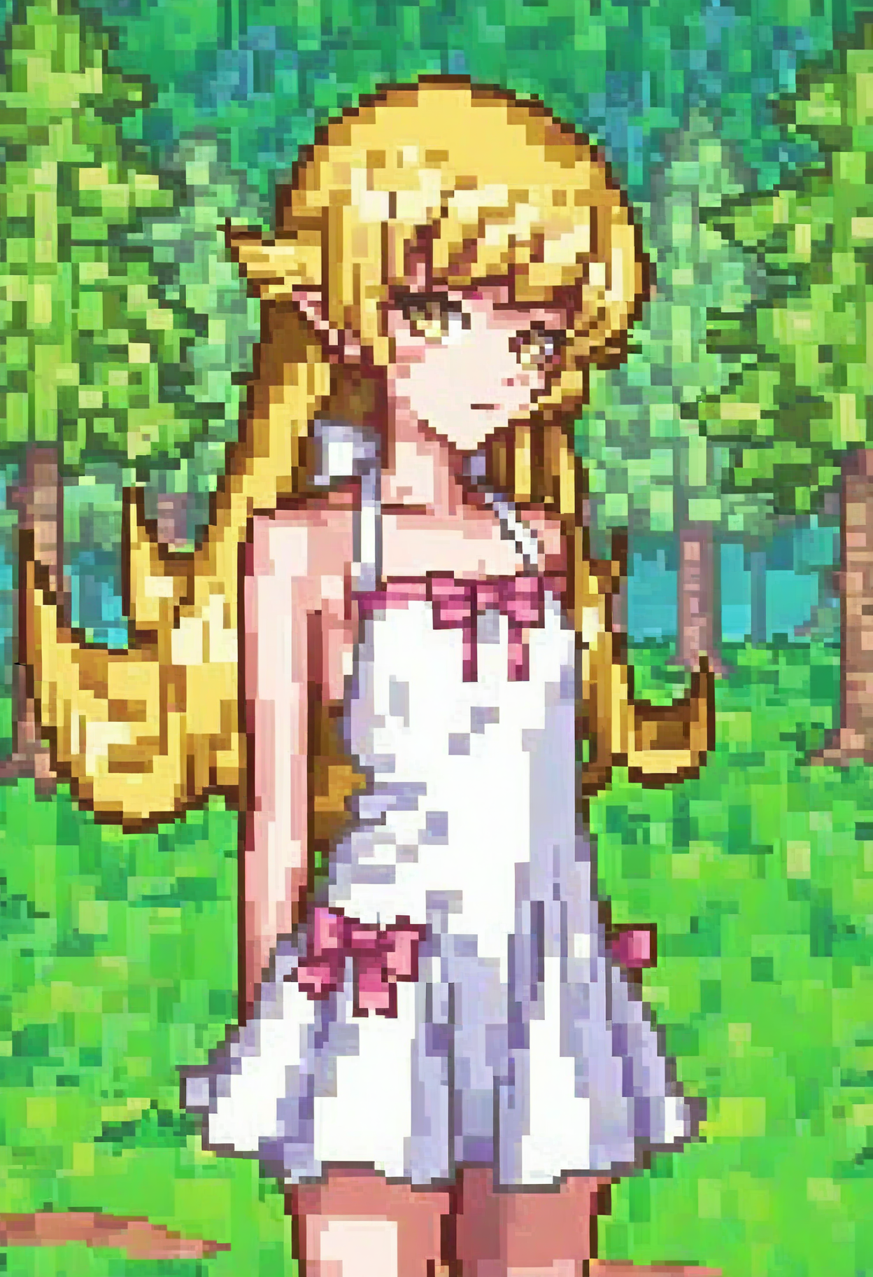 <lora:Melusine-A_IL1.2:0.8>, Melusine, pixel art, pr_style,
1girl, solo, long hair, oshino shinobu, cowboy shot, white dress, looking at viewer, yellow eyes,
outdoors, forest, shadow, tree,
