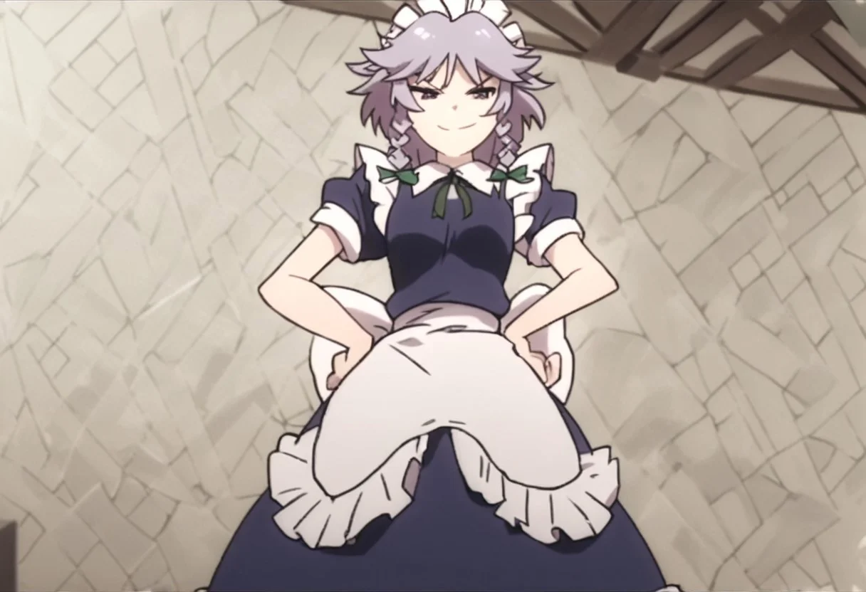 score_9, score_8_up, score_7_up,anime_source, source_anime, best background, detailed background, anime screencap,  Sakuya, bow, dress, maid, maid headdress, short sleeves, solo, hands on own hips, dynamic angle, dynamic pose, light smile, smug, indoors,
