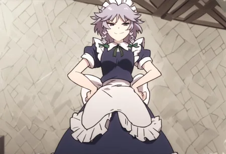 score_9, score_8_up, score_7_up,anime_source, source_anime, best background, detailed background, anime screencap,  Sakuya, bow, dress, maid, maid headdress, short sleeves, solo, hands on own hips, dynamic angle, dynamic pose, light smile, smug, indoors,