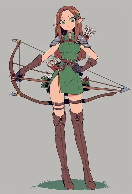score_9, score_8_up, score_7_up, score_6_up, score_5_up,  <lora:k4n3k0y4XLP:0.8> k4n3k0y4, 1girl, weapon, solo, bow \(weapon\), armor, quiver, thigh boots, full body, thighhighs, holding, boots, gloves, elf, long hair, hand on own hip, standing, holding weapon, arrow \(projectile\), breasts, brown hair, shoulder armor, pointy ears, green dress, thigh strap, green eyes, sheath, belt, dress, holding bow \(weapon\), hair ornament, signature, pauldrons, looking at viewer, black gloves, grey background, sheathed