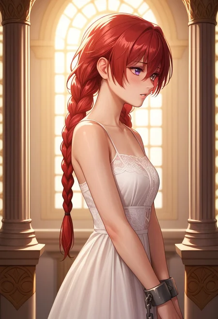 score_9, score_8_up, score_7_up, score_6_up, score_5_up, score_4_up, <lora:Urushihara Satoshi_XL_PONY_V2:0.9>, masterpiece, volumetric lighting, vibrant colors, source_anime, perfectly detailed face and body and eye, 1girl, solo, red hair tied to long twin braids, very long sidelocks, bangs, hair between eyes, very long sidelocks, violet eyes, shy, parted lips, high resolution, adult, white dress, lace, lace trim, sleeveless, collarbone, thighs, thick iron shackles on both hands, chains connected to both shackles, bound wrists, chained wrists, hands bound together in front, detailed background, palace hallways, pillars, sunset, from slightly side view, <lora:add-detail-xl:0.4>, cinematic, (fantasy-style), (shoujo-style), manhwa-artstyle