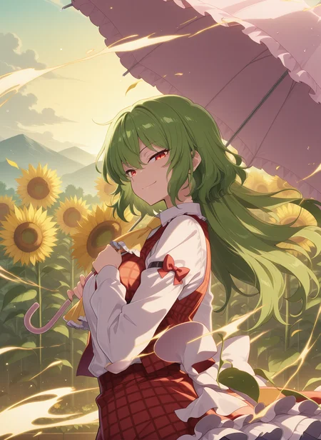 absurdres, highres, masterpiece, best quality, amazing quality, official anime artwork, screencap, anime screencap, outdoors, dynamic pose,
<lora:Yuuka-Kazami_Illustrious:1> kazami yuuka, 1girl, solo, red eyes, green hair, short hair,, red vest, plaid vest, white shirt, long sleeves, red skirt, plaid skirt, frilled skirt, yellow ascot, holding umbrella,
from the side, looking at viewer, sunflower, garden, evil smile, closed mouth,