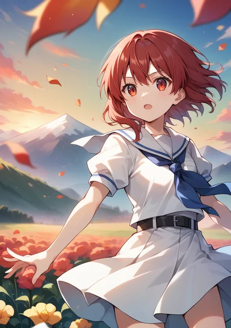 score_9, score_8_up, score_7_up, source_anime,high detail, detailed face,volumetric lighting,shiny skin,<lora:spo_sdxl_10ep_4k-data_lora_webui:0.7>,1girl,miyanaga_teru,red hair, medium hair, red eyes,<lora:miyanaga_teru:1>, school uniform,white dress,white sailor collar, blue neckerchief, short sleeves, puffy sleeves, black belt,mountainous horizon, flower, wind, floating hair, day,depth of field,