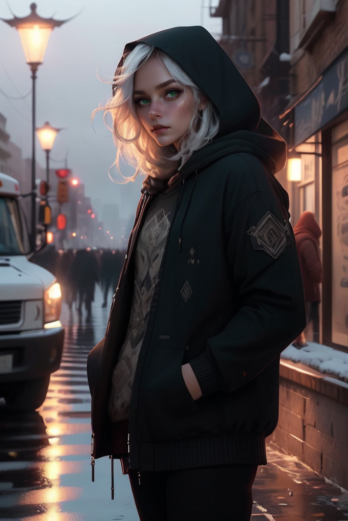 (masterpiece, best quality, high quality, highres, ultra-detailed), city, scenery, night, building, sign, cityscape, pantyhose, skyscraper, street lights, 
solo, 1girl, snake eyes, green eyes, hood, long hair, white hair, looking at viewer, outdoors, hood down, hands in pockets, thighhighs, bangs, long sleeves, jacket, black thighhighs, 
<lyco:NijiJourney-LyCoris-V6:0.8>, AS-Adult, Asian-Less, OverallDetail, SkinHairDetail, <lora:slit-pupils:1>,