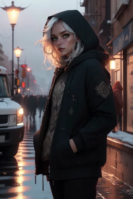 (masterpiece, best quality, high quality, highres, ultra-detailed), city, scenery, night, building, sign, cityscape, pantyhose, skyscraper, street lights, 
solo, 1girl, snake eyes, green eyes, hood, long hair, white hair, looking at viewer, outdoors, hood down, hands in pockets, thighhighs, bangs, long sleeves, jacket, black thighhighs, 
<lyco:NijiJourney-LyCoris-V6:0.8>, AS-Adult, Asian-Less, OverallDetail, SkinHairDetail, <lora:slit-pupils:1>,