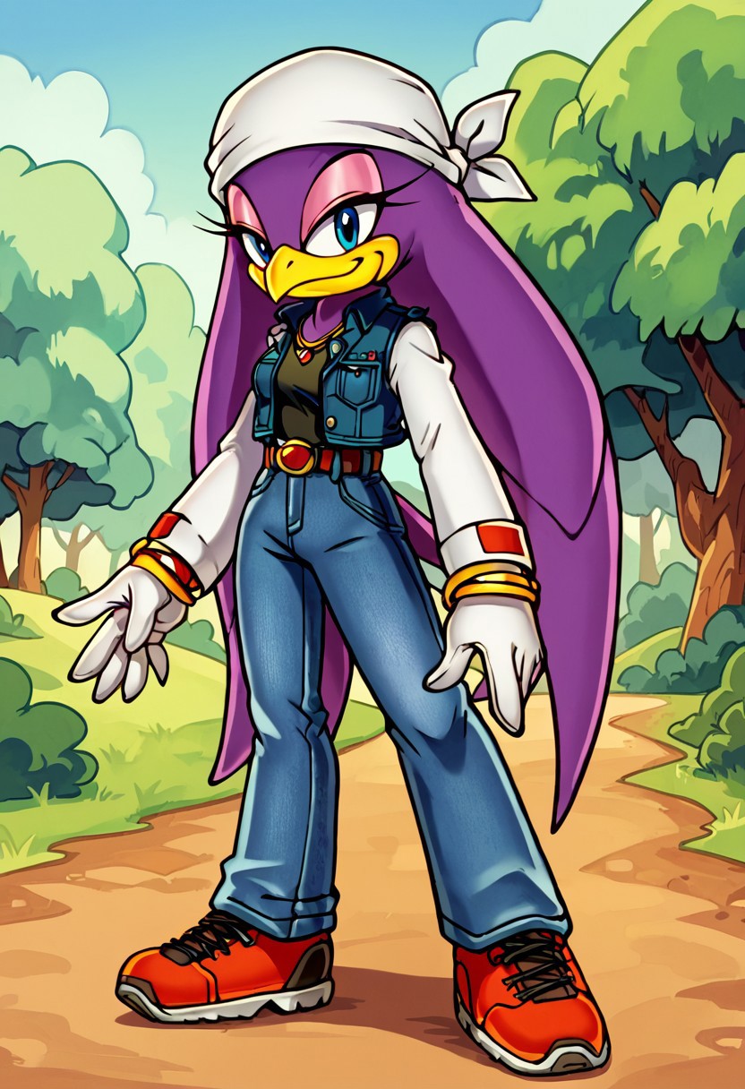 score_9,score_8_up,score_7_up, yuji uekawa, outdoors, daytime, forest mountain field, 1girl,  Waveswallowxl, mobian, purple skin, beak, long hair, blue eyes, white bandana, white gloves, black t-shirt, long sleeves, striped white sleeves, denim jacket vest, jeans, belt, sneakers, standing, looking at viewer, smile