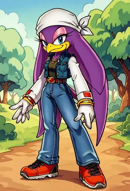 score_9,score_8_up,score_7_up, yuji uekawa, outdoors, daytime, forest mountain field, 1girl, Waveswallowxl, mobian, purple skin, beak, long hair, blue eyes, white bandana, white gloves, black t-shirt, long sleeves, striped white sleeves, denim jacket vest, jeans, belt, sneakers, standing, looking at viewer, smile