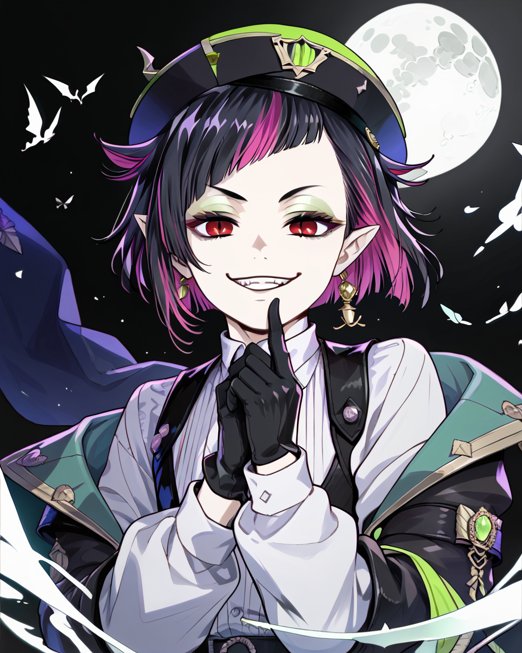 <lora:Lilia VanrougePDXL_v1:1>1boy, Lilia VanrougePDXL, pointy ears,gloves, hat, solo, pink hair, smile, looking at viewer, Dormitory uniform, black background, green moon, holding weapon, ready for fight,, <lora:Line Art Style SDXL_LoRA_20r_20e_8i_nr32_a16_Pony Diffusion V6 XL:0.8><lora:Expressive_H:0.8> ExpressiveH score_9, score_8_up, score_7_up,